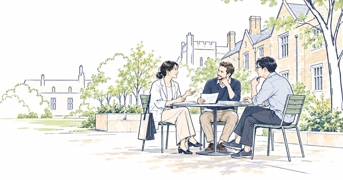 大学の中庭で話す3人の医師を描いた、MD留学.comの線画